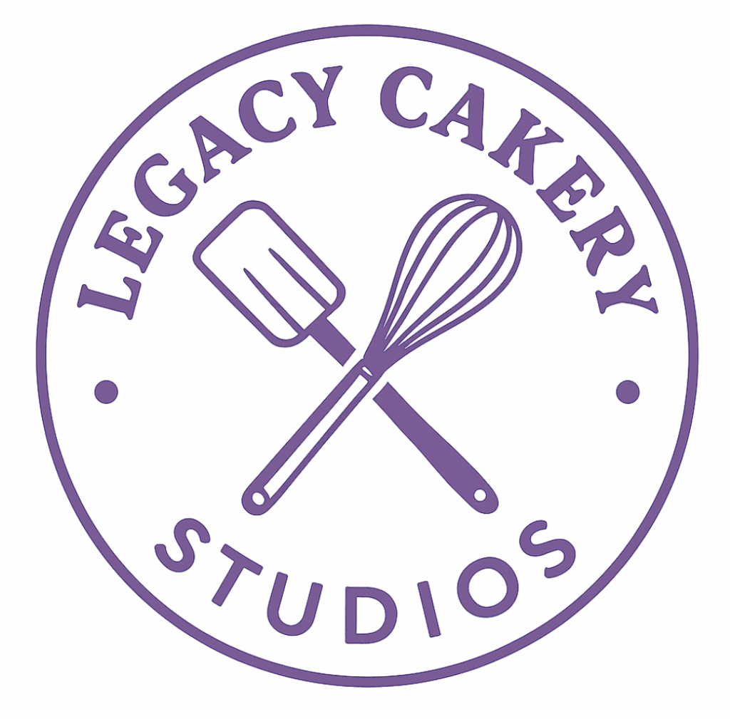 Legacy Cakery Studios logo with a crossed spatula and whisk inside a purple circle badge